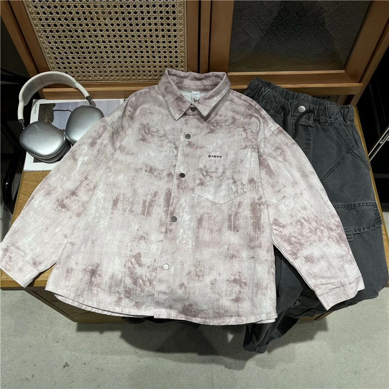 吴小越w1011男童衬衫长袖扎染儿童上衣春秋款韩范中大童外套翻领