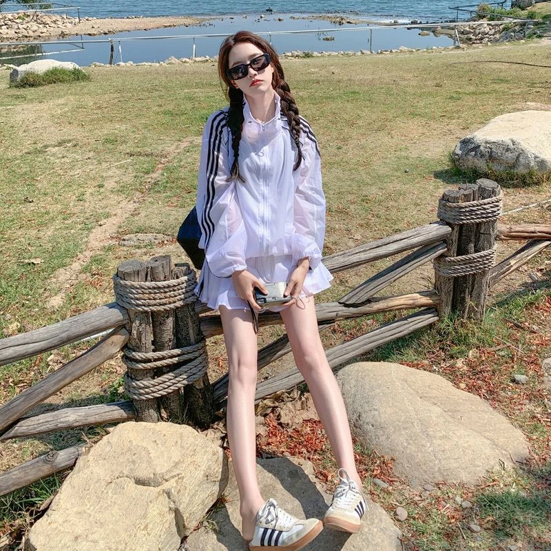 特大码薄款防晒套装女夏季长袖洋气休闲上衣高腰短裤纯欲两件套潮