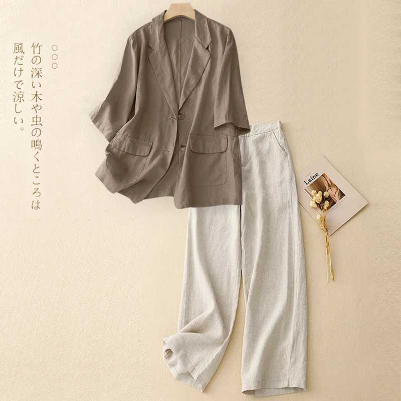 高端亚麻套装女士2025新款妈妈夏装复古洋气苎麻衬衫阔腿裤两件套