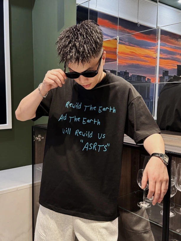 【蓝色字母】新款小众潮牌美式夏季纯棉宽松男士情侣短袖T恤T007