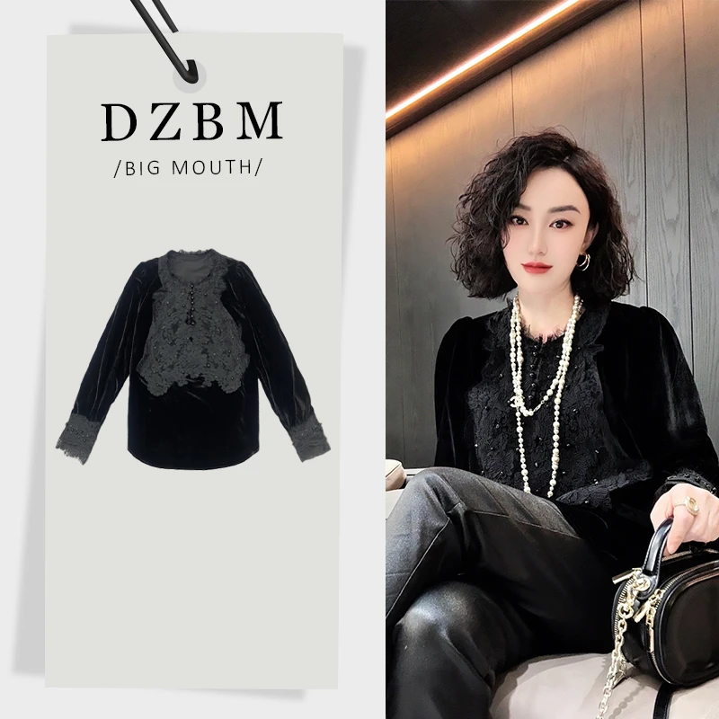 DZBM时尚T恤女蕾丝边长袖重工钉珠秋冬宽松百搭上衣-S5528