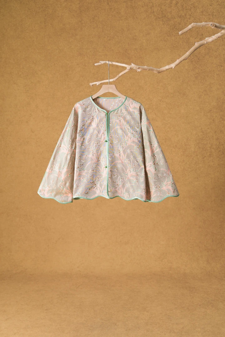 大满家双面异色罗橘色兰草花圆领后插肩袖对襟上衣  新中式