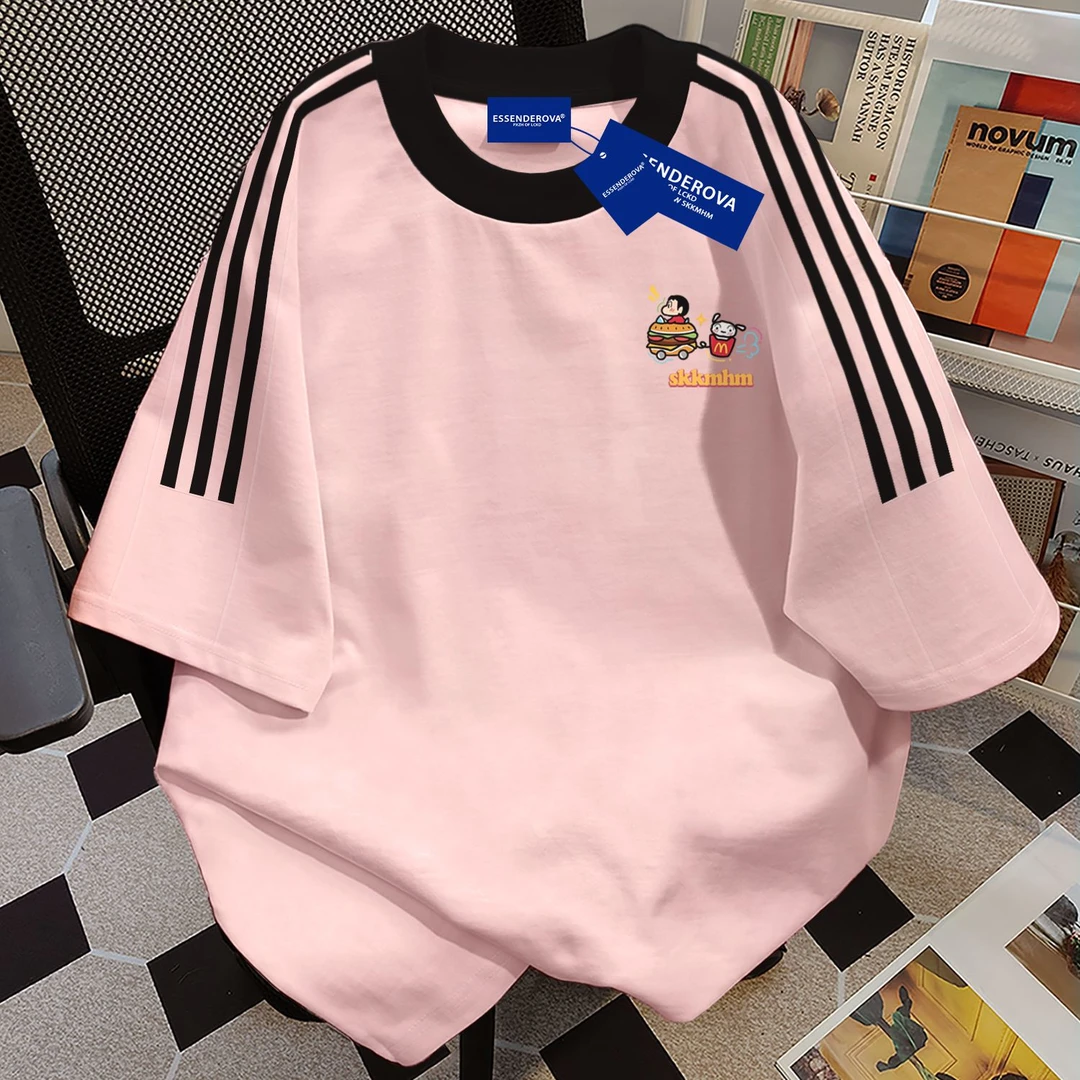 100%纯棉甜美清新三条杠圆领短袖t恤男女夏季宽松潮牌情侣上衣ins