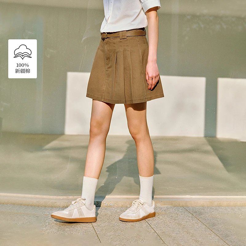 【梦诗专属】茵曼夏季复古洗水牛仔百褶短裙女休闲显瘦a字半身裙