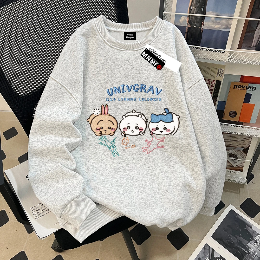 可爱吉伊卡哇女童薄款圆领卫衣秋季新款中大童学院风仿刺绣上衣服