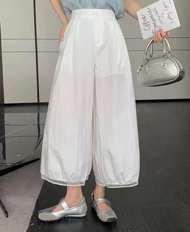 2025夏季镂空设计感阔腿灯笼裤显瘦大裤脚九分裤X57