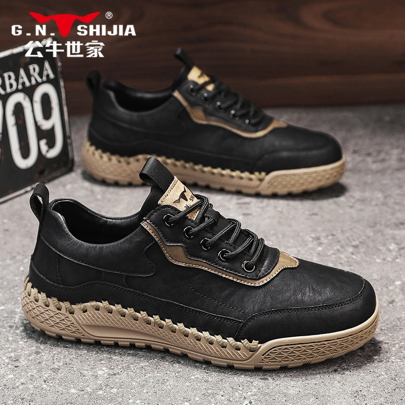 公牛世家男鞋春季手工缝线英伦休闲皮鞋男士复古防滑爆款休闲潮鞋