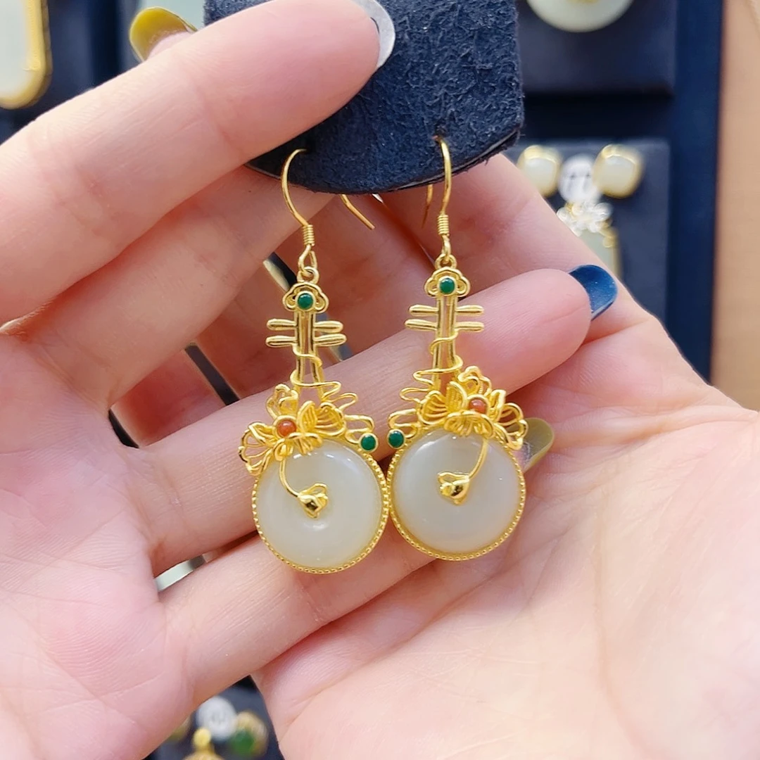 和田玉银S925镀金镶嵌耳饰