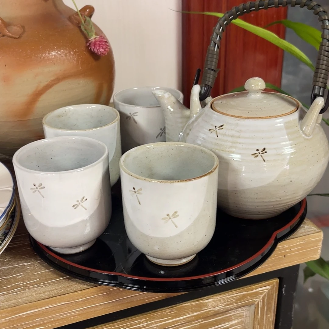 瓷片蜻蜓粗陶一壶四杯带托盘38