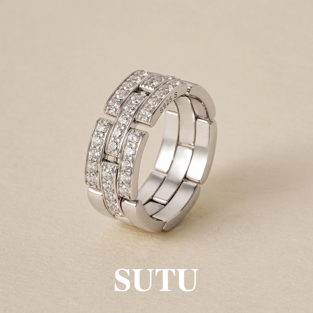 925银合成锆石戒指 链条戒指气质百搭爆闪食指戒轻奢高级感指环女