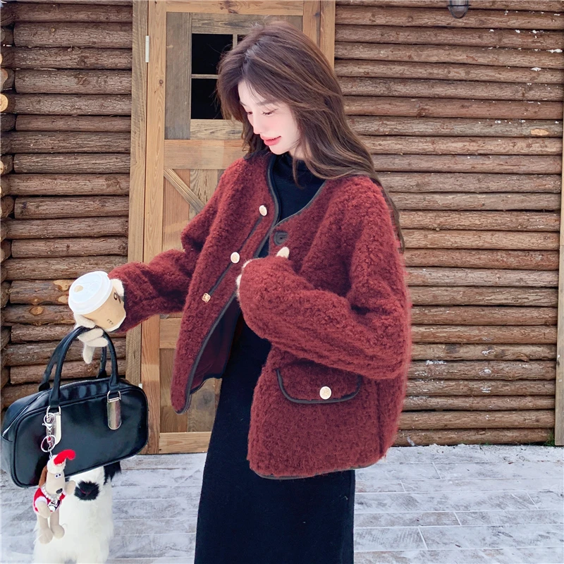 本命年复古红色名媛小香风羊 羔毛外套女小个子2025皮毛一体上衣