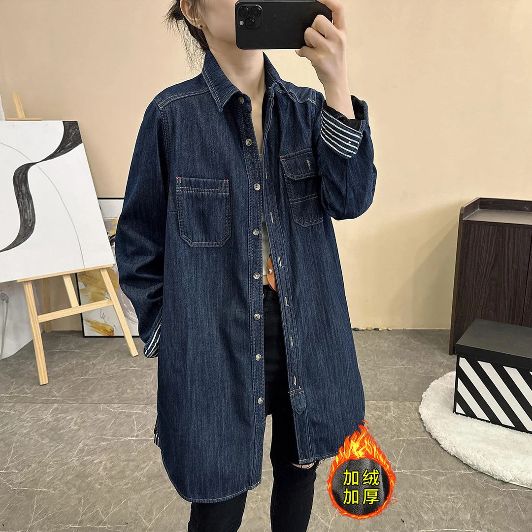 加绒加厚一体绒牛仔保暖衬衫女中长款秋冬外穿保暖衬衣宽松外套