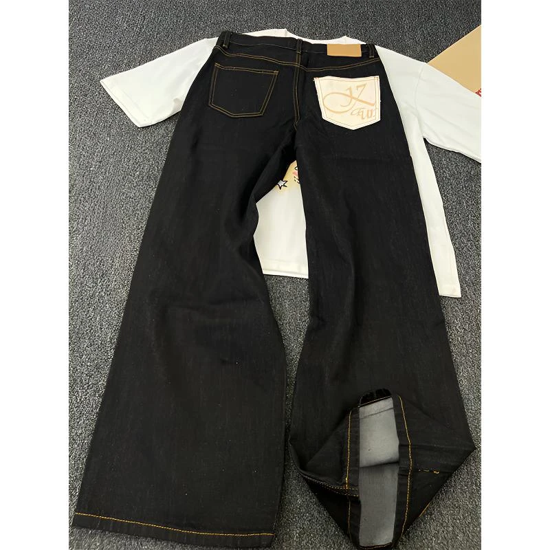 美式复古马毛冈山弯刀牛仔裤男款baggy设计感裤子小众微喇直筒裤