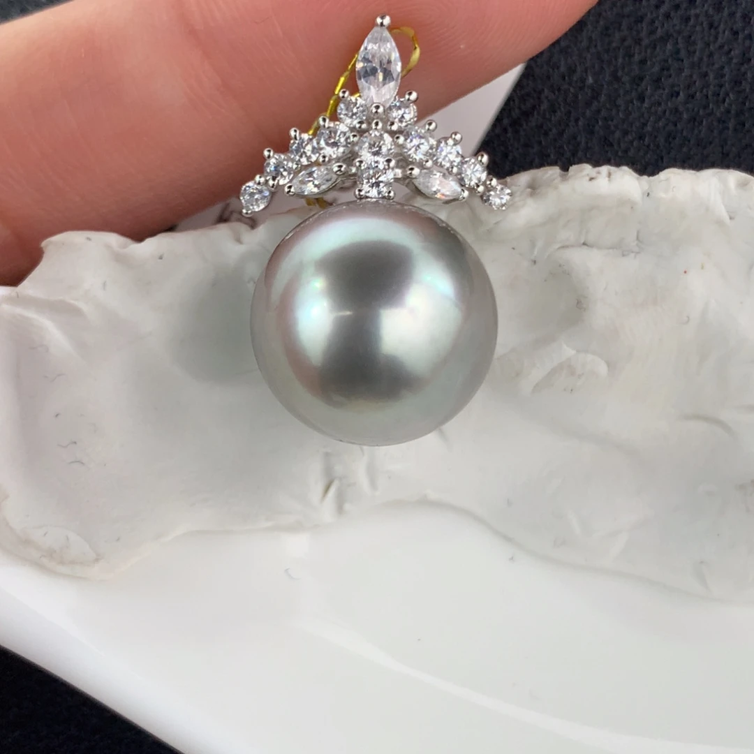 银S925镶嵌吊坠(不含链)定制海水珍珠13-14mm铂金灰裸珠一颗