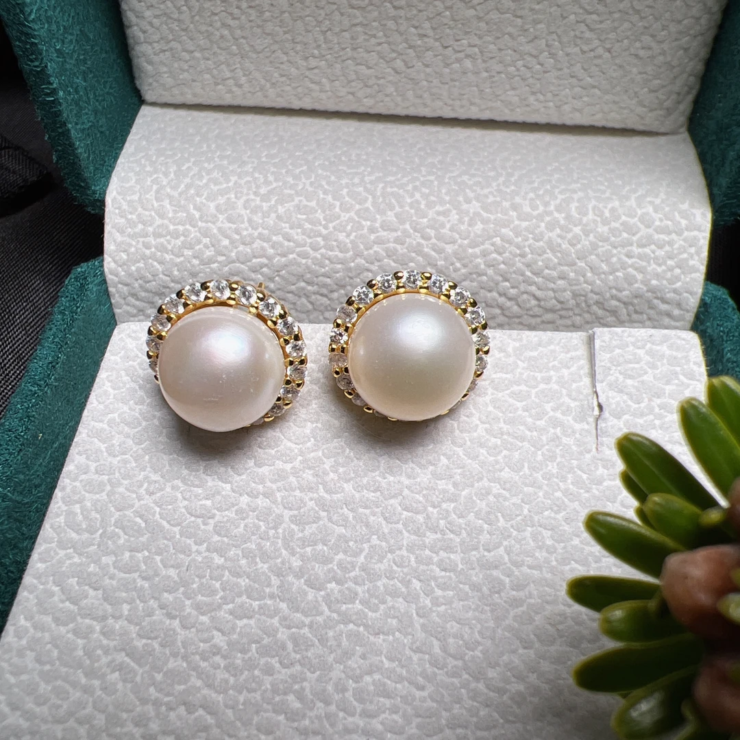 s925银镶天然淡水珍珠耳钉耳饰10mm