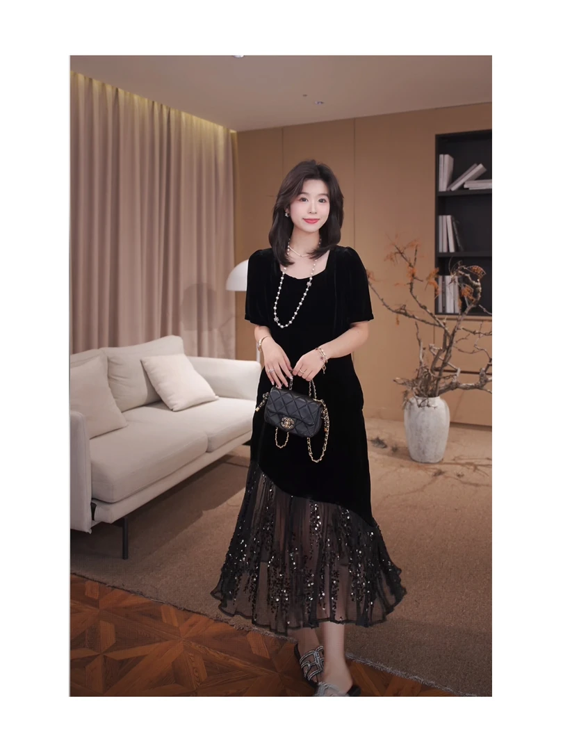 广州琴姐【人间奥黛丽】真丝丝绒显瘦亮片网纱拼接连衣裙夏季10564