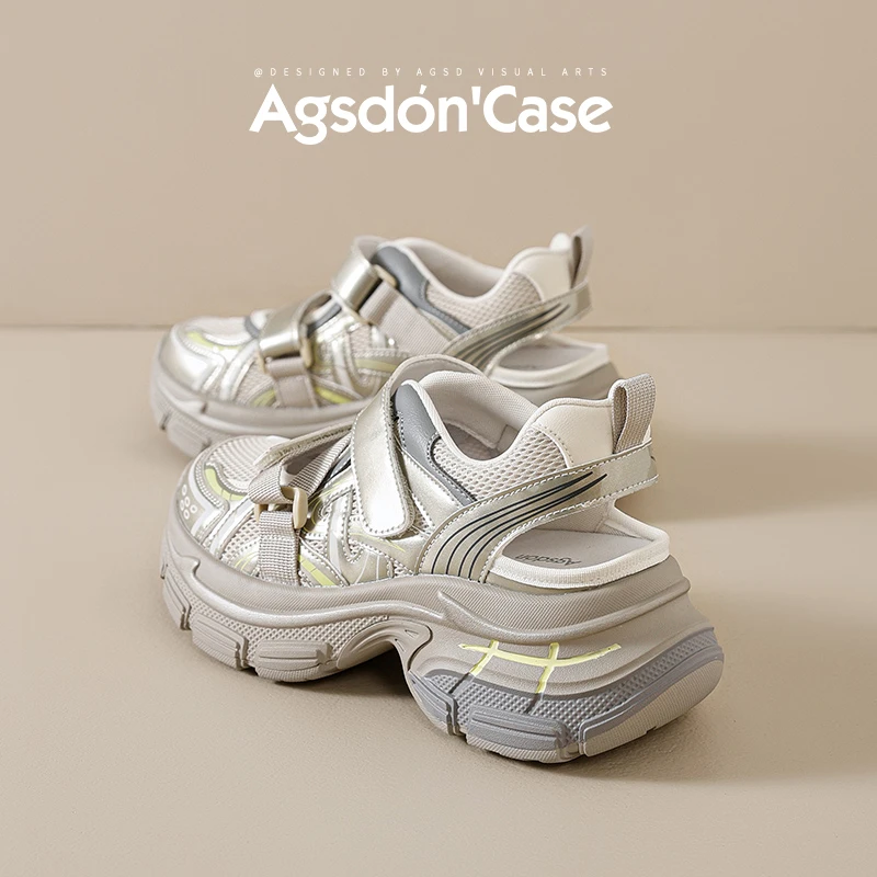 奥古狮登运动凉鞋女士2025新款夏季厚底透气镂空魔术贴溯溪老爹鞋