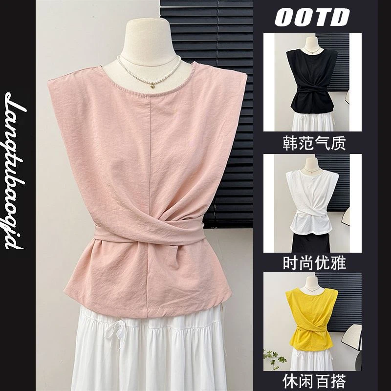 法式优雅气质系带收腰修身显瘦无袖背心女夏季小众设计感褶皱上衣