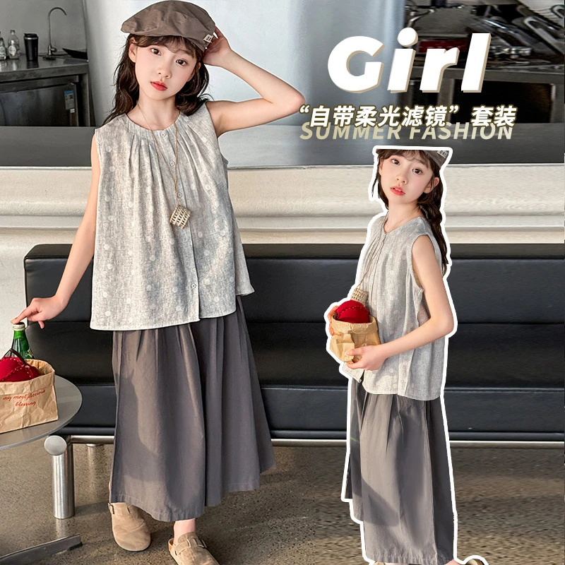 母女装 女童亲子同款25年夏季新品韩版洋气亚麻休闲套装宽松无袖