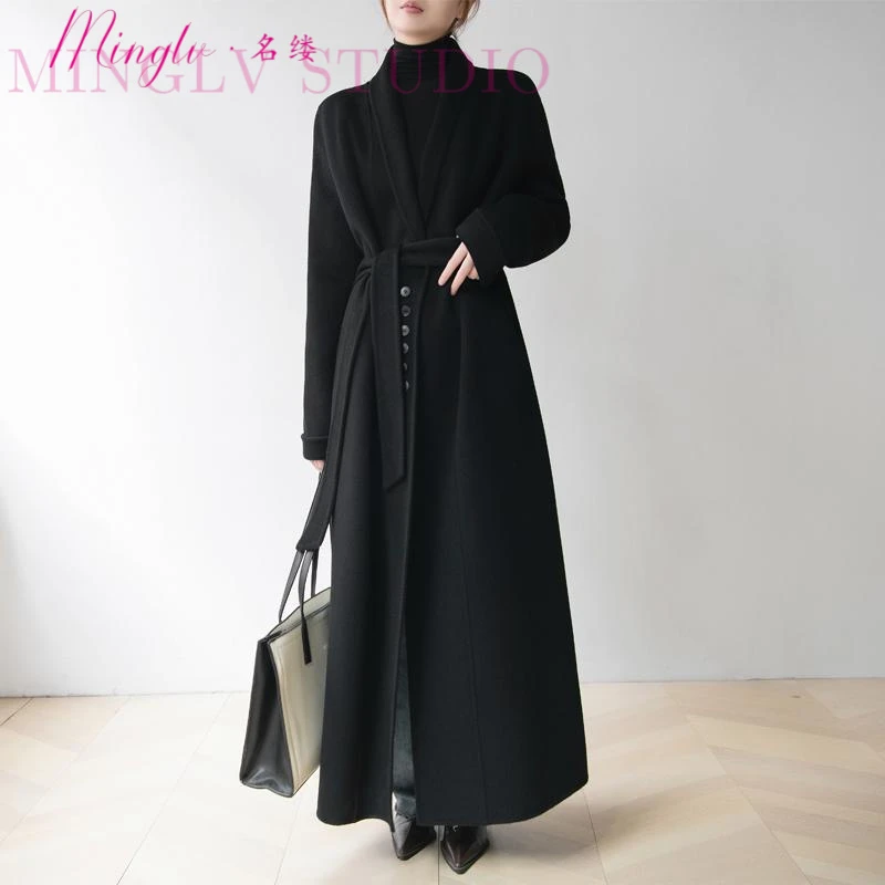 赫本风高端青果领黑色双面毛呢外套冬高个子超长款直筒毛呢外套