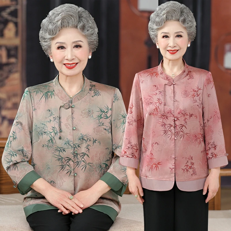 老年人夏装女衬衫大码妈妈时装老太太老人衣服新中式妈妈洋气衬衣