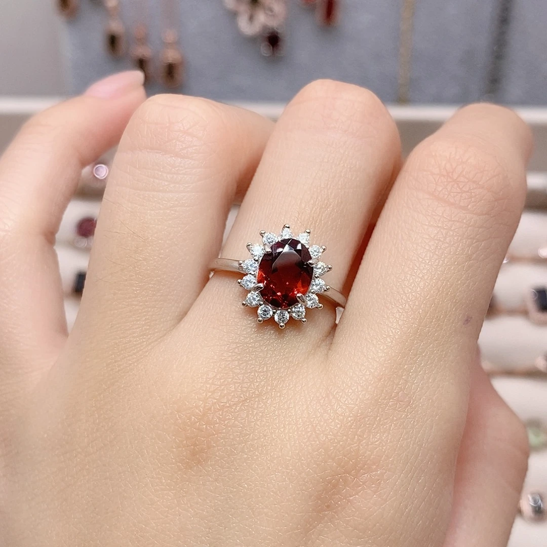 戒指石榴石银S925镶嵌戒指