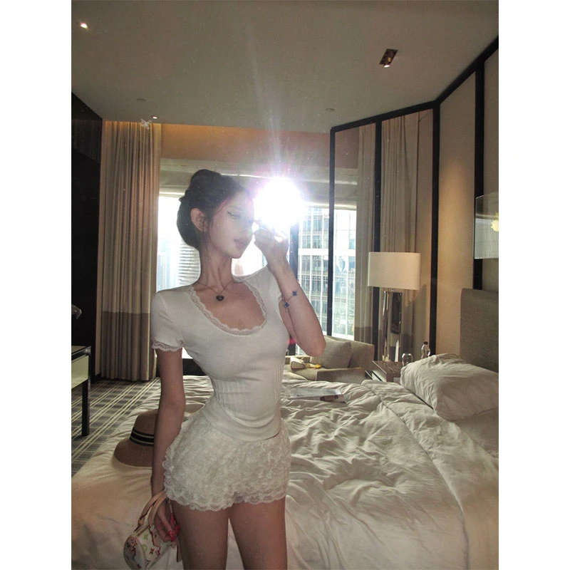 夏季2025小众蕾丝花边打褶短袖上衣显瘦纯欲T恤浪漫蕾丝蛋糕裙裤