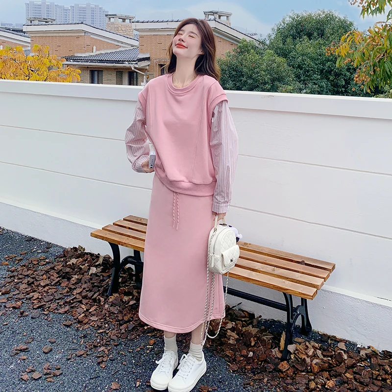 粉色假两件卫衣套装裙女2025春季新款韩系甜美减龄休闲运动两件套