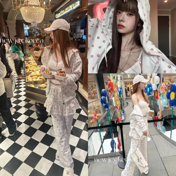 新品韩国youhe*宋智雅同款玫瑰碎花连帽卫衣裙裤长裤套装原