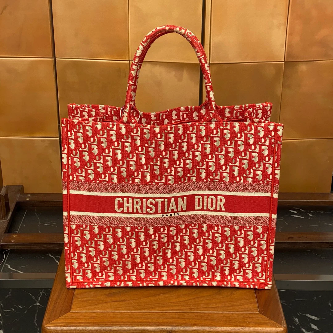 99新 DIOR/迪奥 红色帆布刺绣老花大号托特手提包尺寸42*35/31049