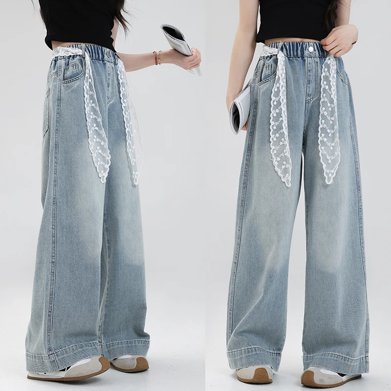 女童夏季超薄牛仔裤2025轻薄宽松韩版直筒裤中大童高腰透气阔腿裤