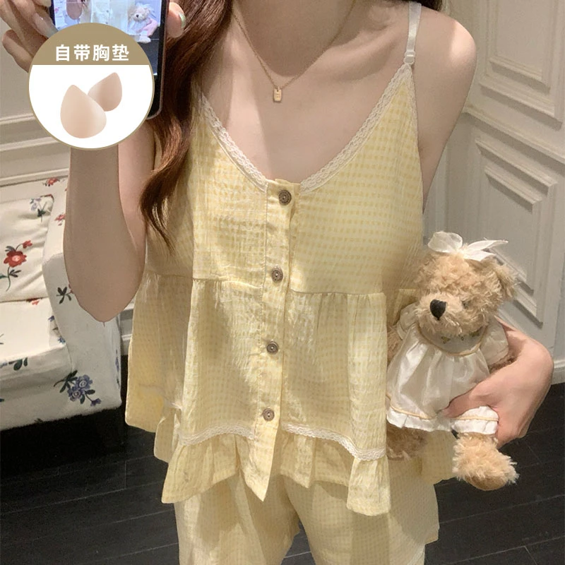 夏季爆款甜美风黄格子带胸垫睡衣女2025新款吊带短裤学生两件套装