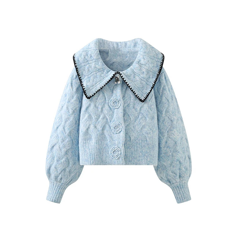 时尚百搭娃娃领毛衣外套开衫女针织衫上衣女