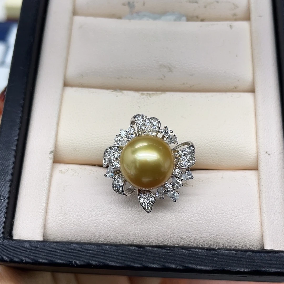 海水珍珠银S925镶嵌戒指金珠浓金花朵戒指12.6mm