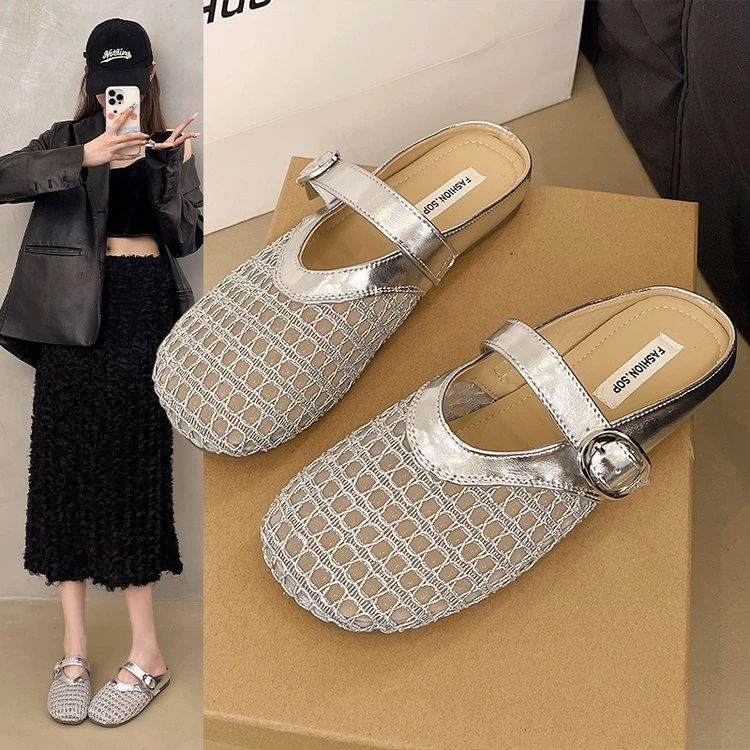 包头半拖鞋女夏季网纱透气凉拖鞋平底防滑仙女风外穿女士洞洞鞋子