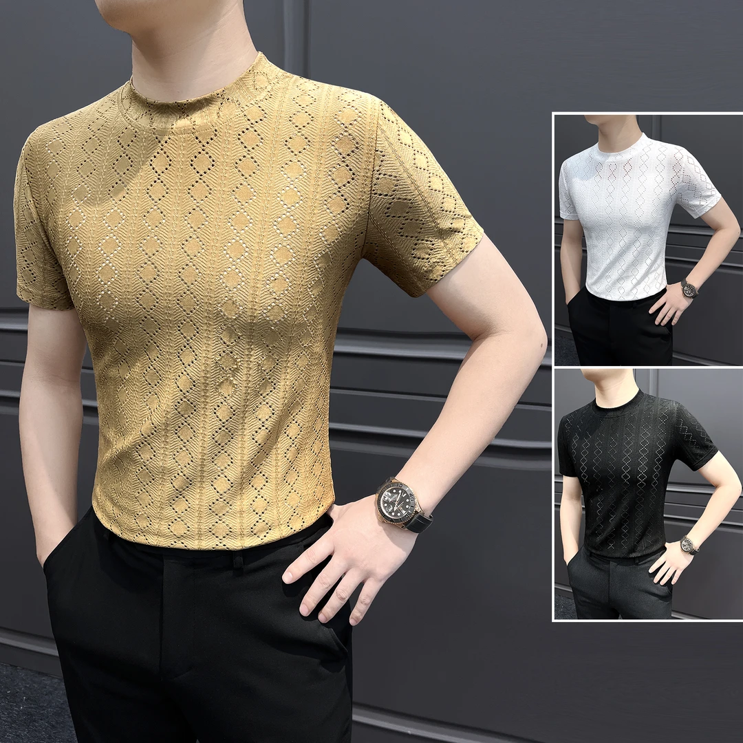 菱形格镂空男士短袖t恤秋季痞帅高级感男装薄款透气时尚男款上衣