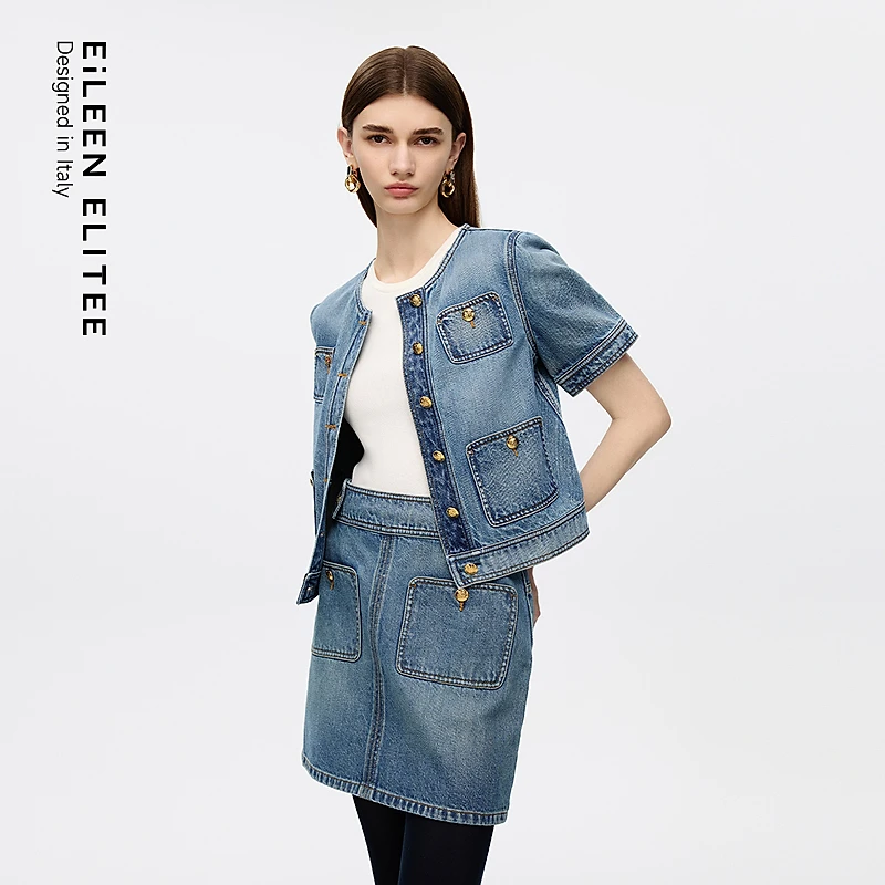 朗姿欧洲EiLEEN ELITEE2025秋新款时尚纯棉圆领短袖牛仔短外套女