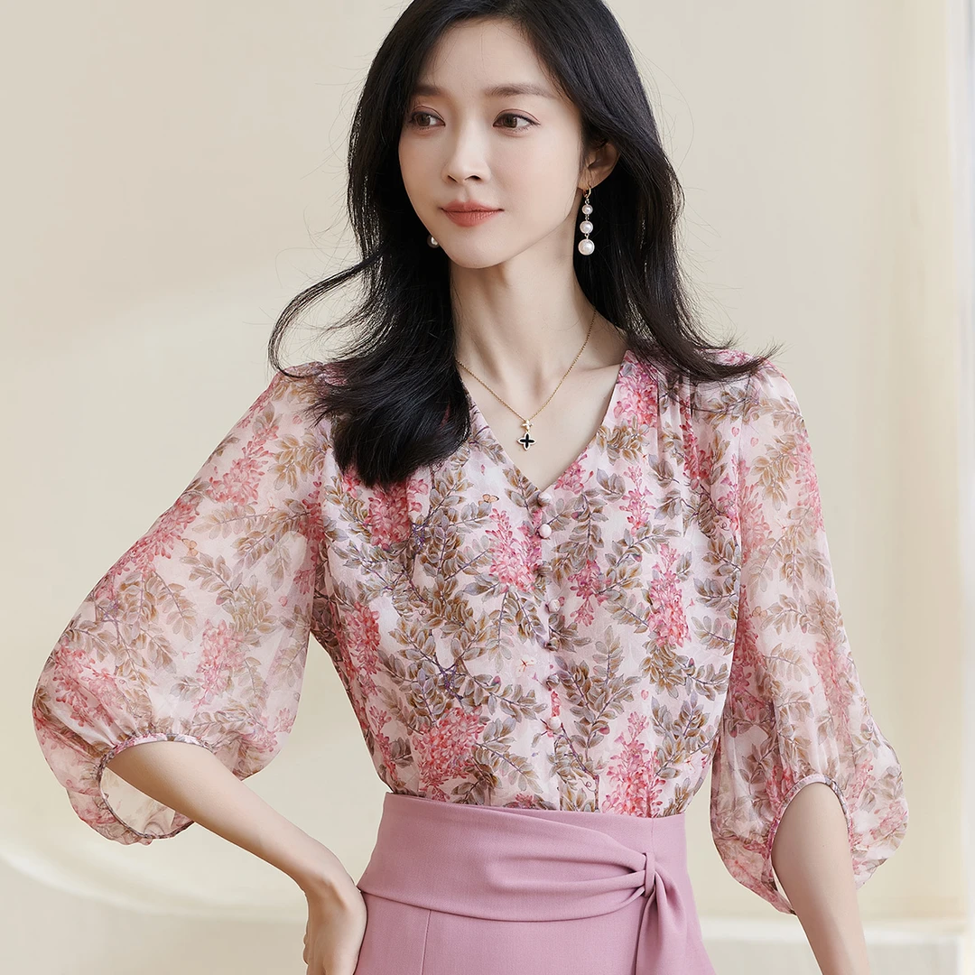 米思阳气质优雅碎花衬衫设计感泡泡袖宽松上衣女5M24BXS3470