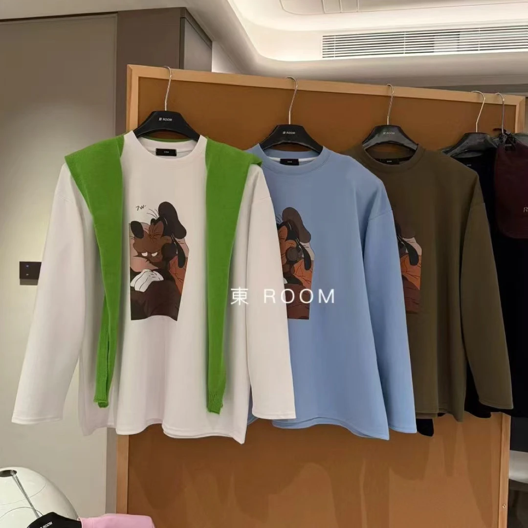 东room2025新款韩版宽松显瘦圆领长袖卡通印花百搭休闲慵懒风T恤
