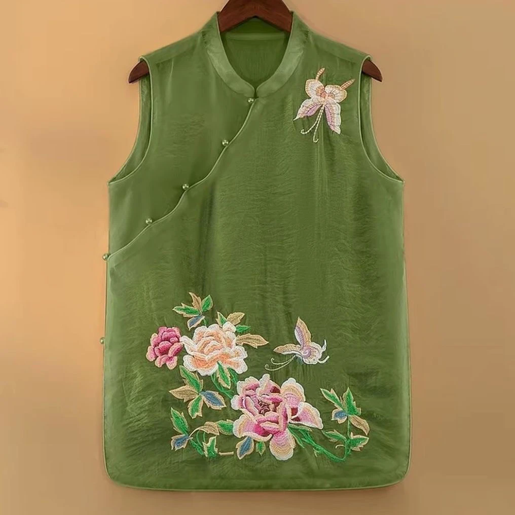 小立领女士唐装斜襟中式刺绣植物花卉马夹薄款绿色