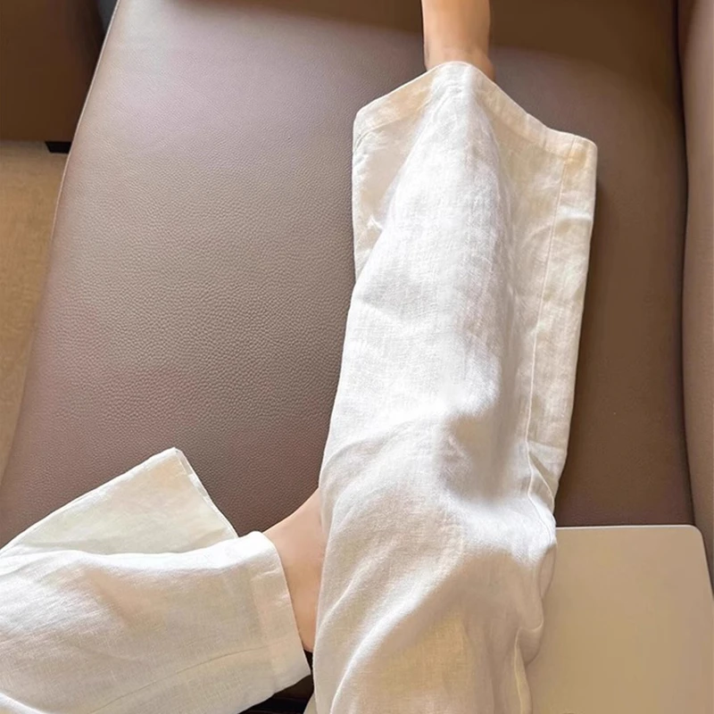 100%全亚麻直筒裤女白色薄款老钱风裤百搭韩系显瘦直筒裤阔腿裤子