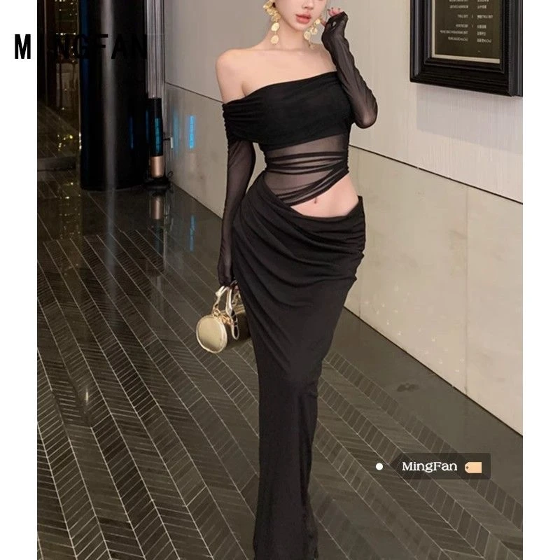 法式名媛风网纱拼接一字肩辣妹风连衣裙女褶皱撩人镂空气质长裙子