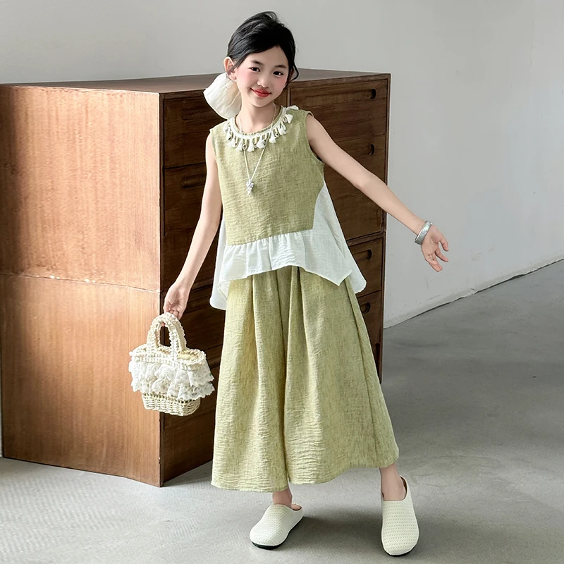 童装女童夏季新款洋气甜美拼接棉麻套装6-12岁15中大童小女孩套装