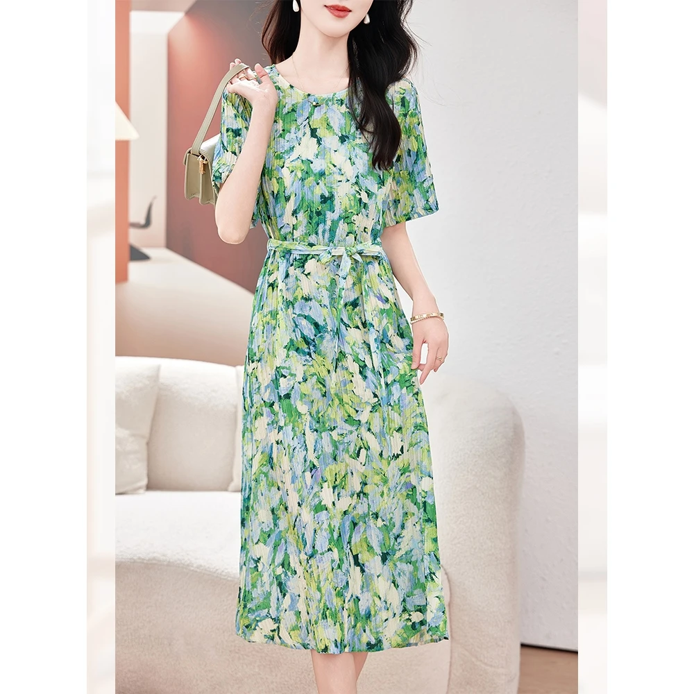 香云纱真丝绸连衣裙女夏季新款气质妈妈显瘦高端碎花桑蚕丝长裙子