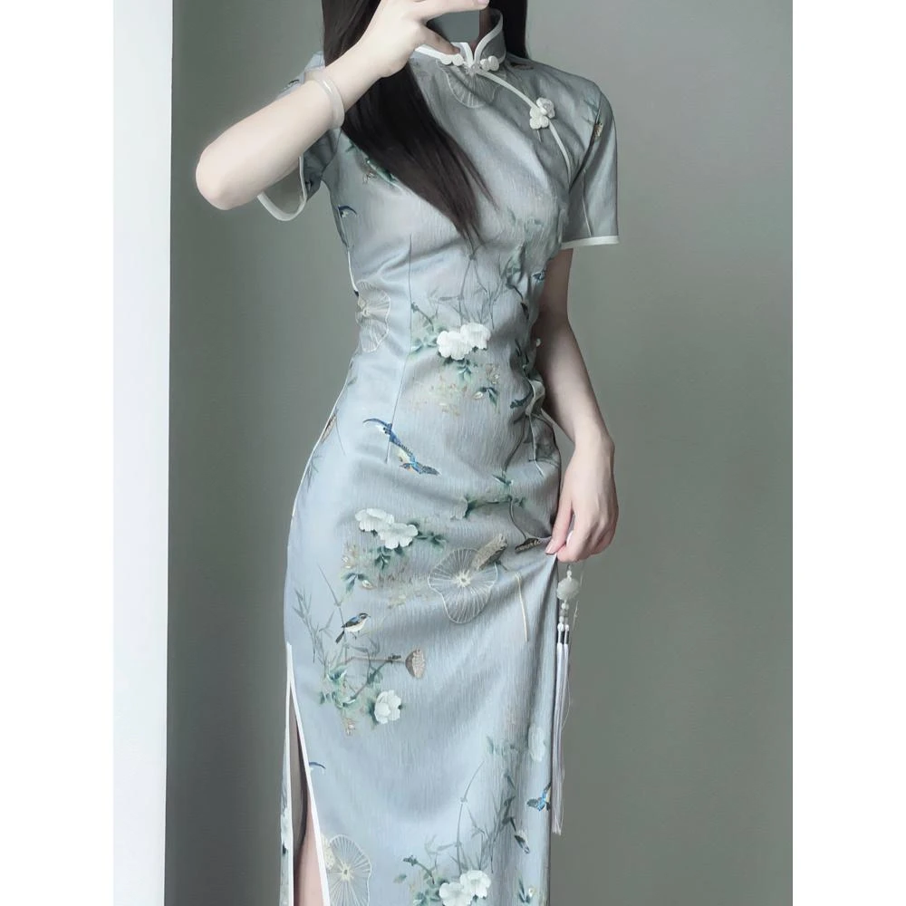 针织提花旗袍民国风复古素雅印花国朝风气质优雅短袖改良年轻款