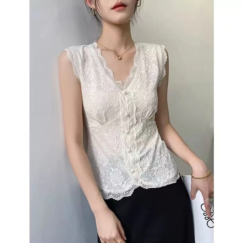 【睫毛蕾丝】夏季新款无袖蕾丝V领内搭2025新款知性打底衫2593款