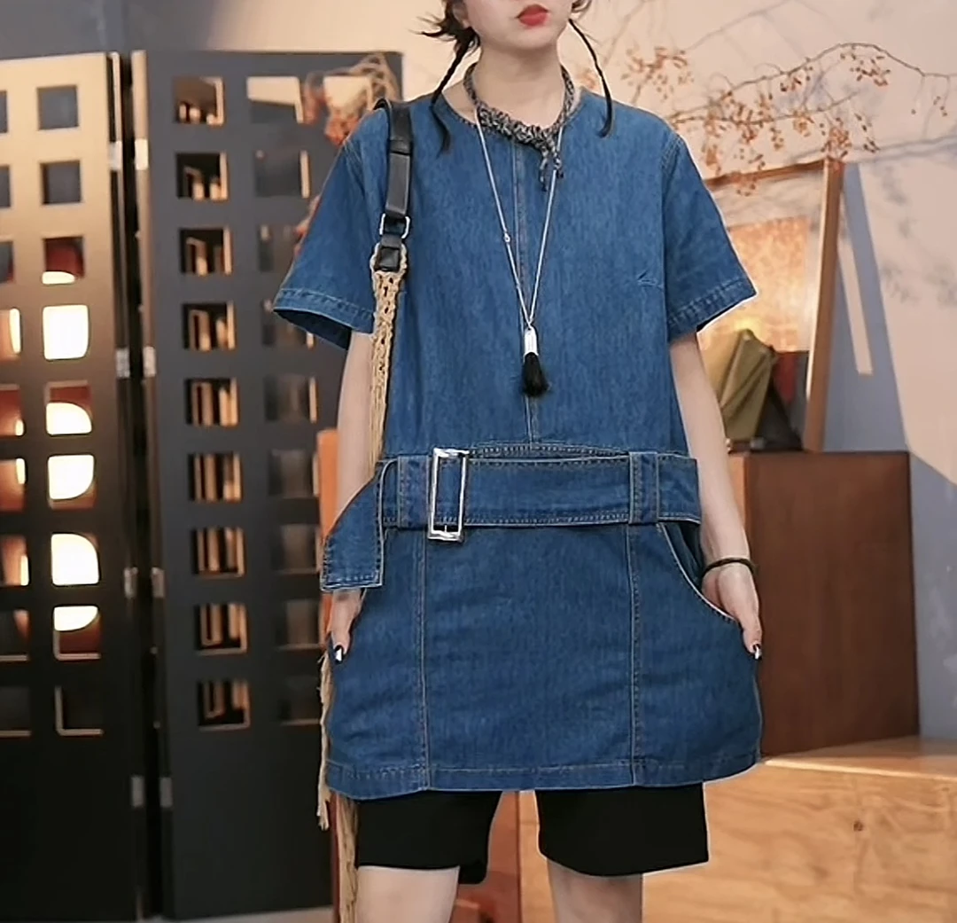 大米-2025年夏季新款复古圆领套头腰带款牛仔半袖宽松显瘦-5112