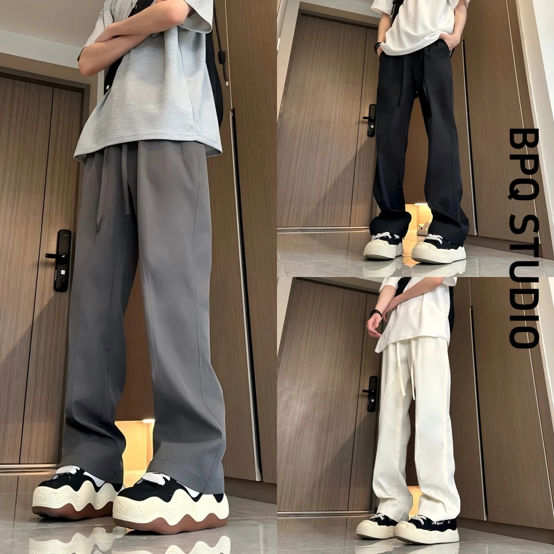 美式高街垂感微喇西裤男高级感夏季薄款冰丝速干阔腿裤飘带休闲裤