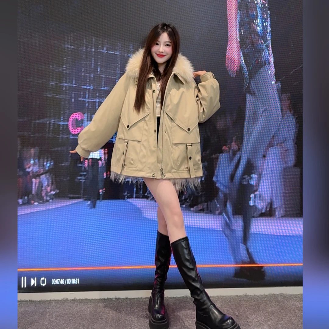 【小桃子】24新款大貉子毛领时尚女款皮草派克服
