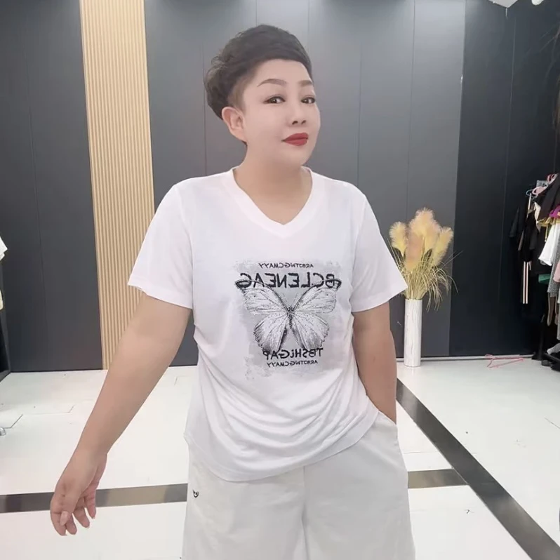 YF9975V领烫钻拼接蝴蝶字母T恤女百搭显瘦